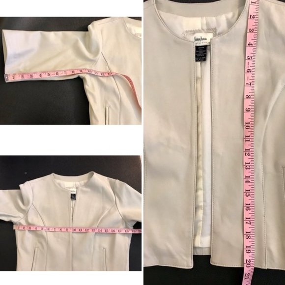 Neiman Marcus round neck cropped buttonless 3/4 sleeves leather blazer - Picture 5 of 10